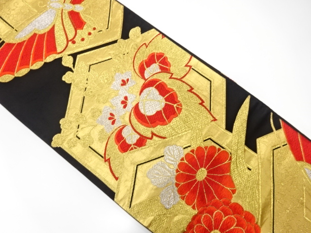 アンティーク　亀甲に桐・菊・蝶模様織り出し袋帯（着用可）